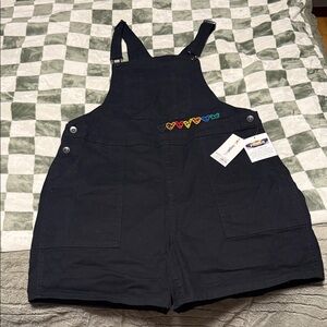 Black Denim Overalls with Heart Embroidery